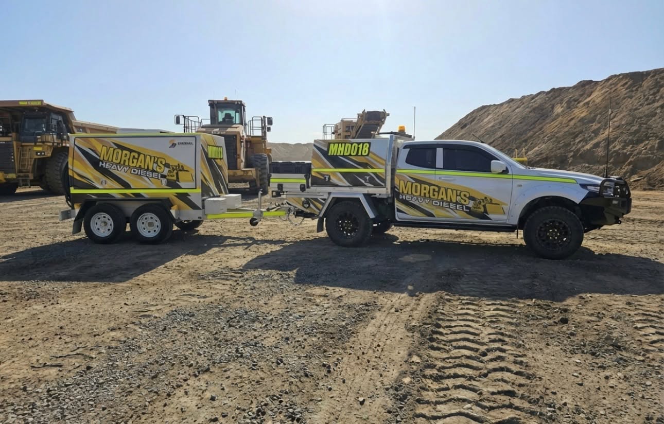Mine site, Morgan's Heavy Diesel service ute and field service trailer
